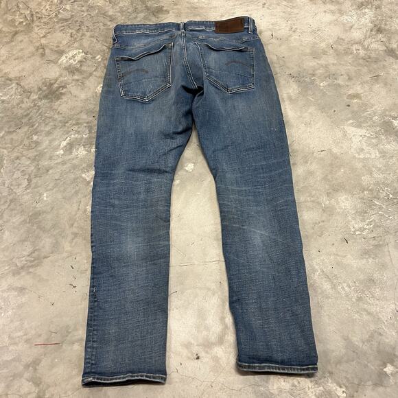 G Star Raw 3301 Straight Tapered Jeans Mens 34x32 Blue Button Fly Paint Distress - Picture 10 of 11